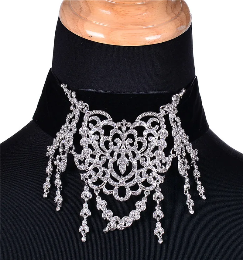 Gold Silver Rhinestone Tassels Chokers Necklace Romantic Women Maxi Statement Necklace With Velvet Fashion Jewelry Gift For Lady