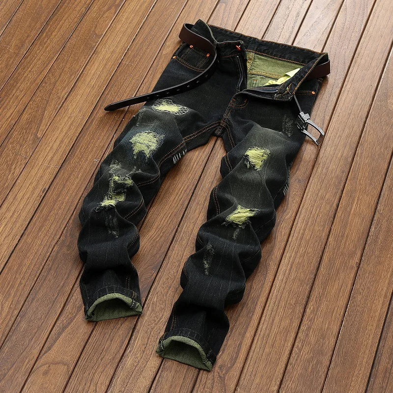 New Arrivls Men's Slim Fit Straight Washed Denim Pants jean homme Casual Winter Jeans Mens Fashion Hole pantalon Men | Мужская