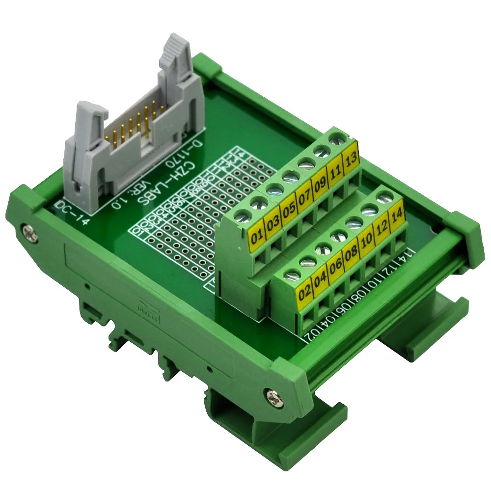 

CZH-LABS DIN Rail Mount IDC-14 Male Header Connector Breakout Board Interface Module, IDC Pitch 0.1", Terminal Block Pitch 0.2"