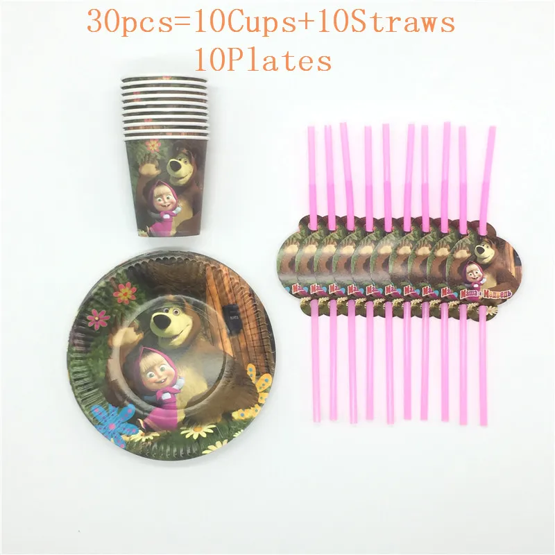 BeiPanXi 30pcs С героями мультфильма «Маша и Медведь» тема изображением героини мультфильма «Леди День рождения украшения чашки тарелки соломы Семья вечерние для различных вечерние поставки 60 шт./30 шт - Цвет: BeiPanXi 30pcs