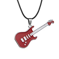 trendy guitar necklace pendant stainless steel punk rock music jewelry leather chain couple gift hip hop choker accessories