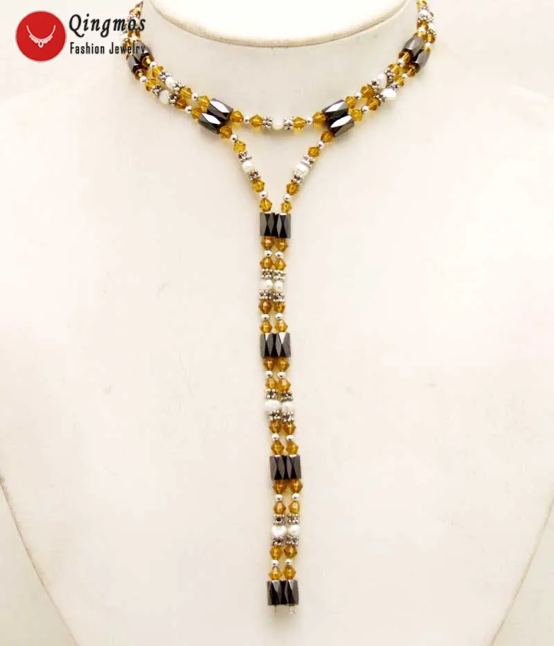 Qingmos 4-5mm Natural White Baroque Pearl Bracelet for Women with Orange Crystal &amp Black Hematite Long Necklace 36'' | Украшения