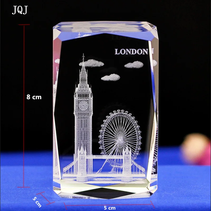 JQJ 3D Laser Engraved Crystal Glass Cube London Model Paperweight Tower Bridge Eye Big Ben Figurines Feng Shui Souvenirs Crafts | Дом и сад