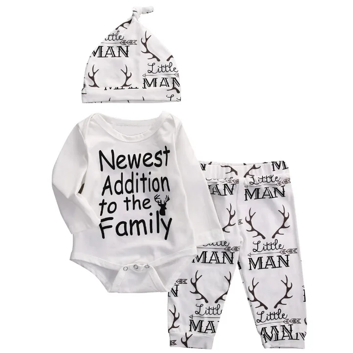 3Pieces Newborn Baby Boy Clothing Sets Letter printed Newest Addition To The Family Rompers+Pants+Hat Infant Clothes Outfits