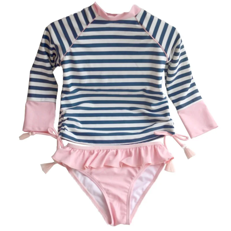 striped Купальный костюм из двух предметов для девочек; горячая распродажа; купальный костюм в полоску для маленьких девочек; солнцезащитный купальник с длинными рукавами; детский купальный костюм - Цвет: striped