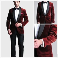 burgundy velvet slim fit groom tuxedos wedding suits custom made groomsmen best man prom suits black pants jacketpantsbo