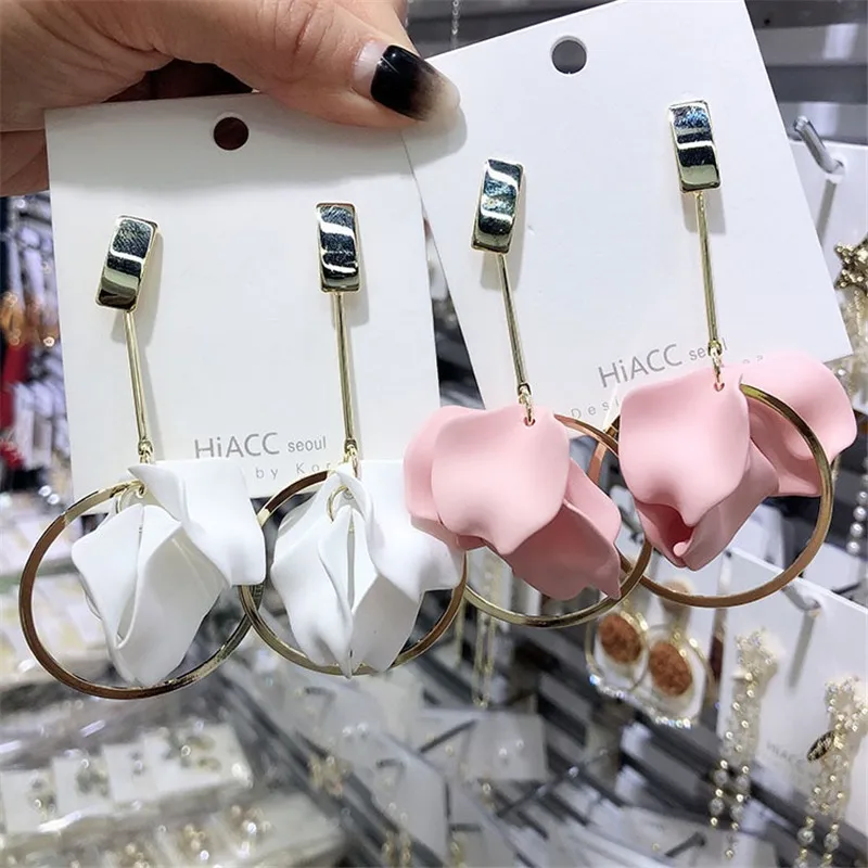 Новые корейские милые висячие серьги большие длинные массивные лепестки цветок