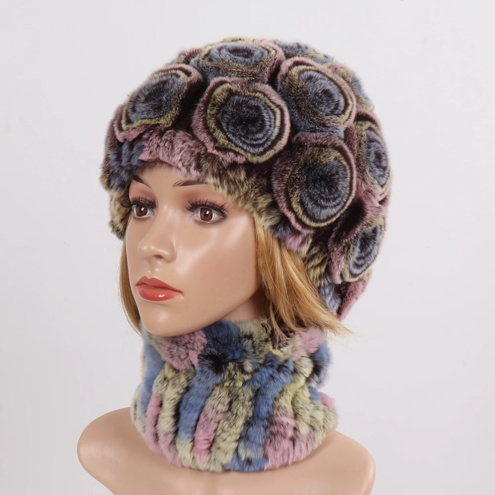 Новые Женские Настоящий мех кролика шапки наборы шарфов зимние женские вязаные