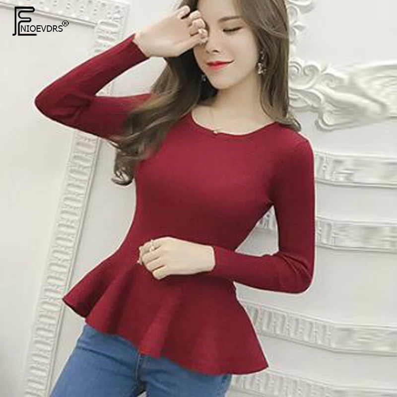 2019 Basic Pullovers Sweaters Hot Women Ruffled Long Sleeve Slim Bodysuit Top Gray Green Black Red Peplum Knit Sweater J303 | Женская