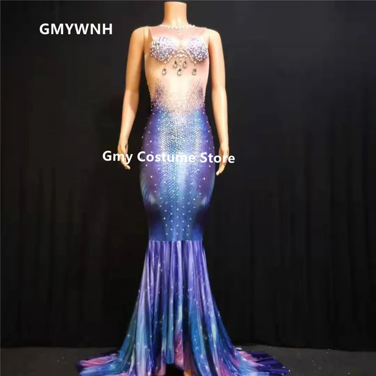 D80 длинное женское платье с кристаллами длинная юбка русалки со стразами одежда