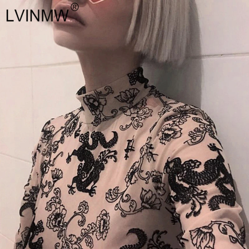 LVINMW цветочный принт прозрачные эластичные боди топы женские длинный рукав
