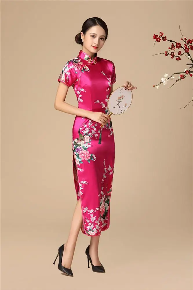 Hot Pink Женское традиционное китайское платье с цветочным рисунком и павлином, винтажное, воротник-стойка, Qipao, длинное, тонкое, Cheongsam, 3XL, 4XL, 5XL, 6XL - Цвет: Hot Pink