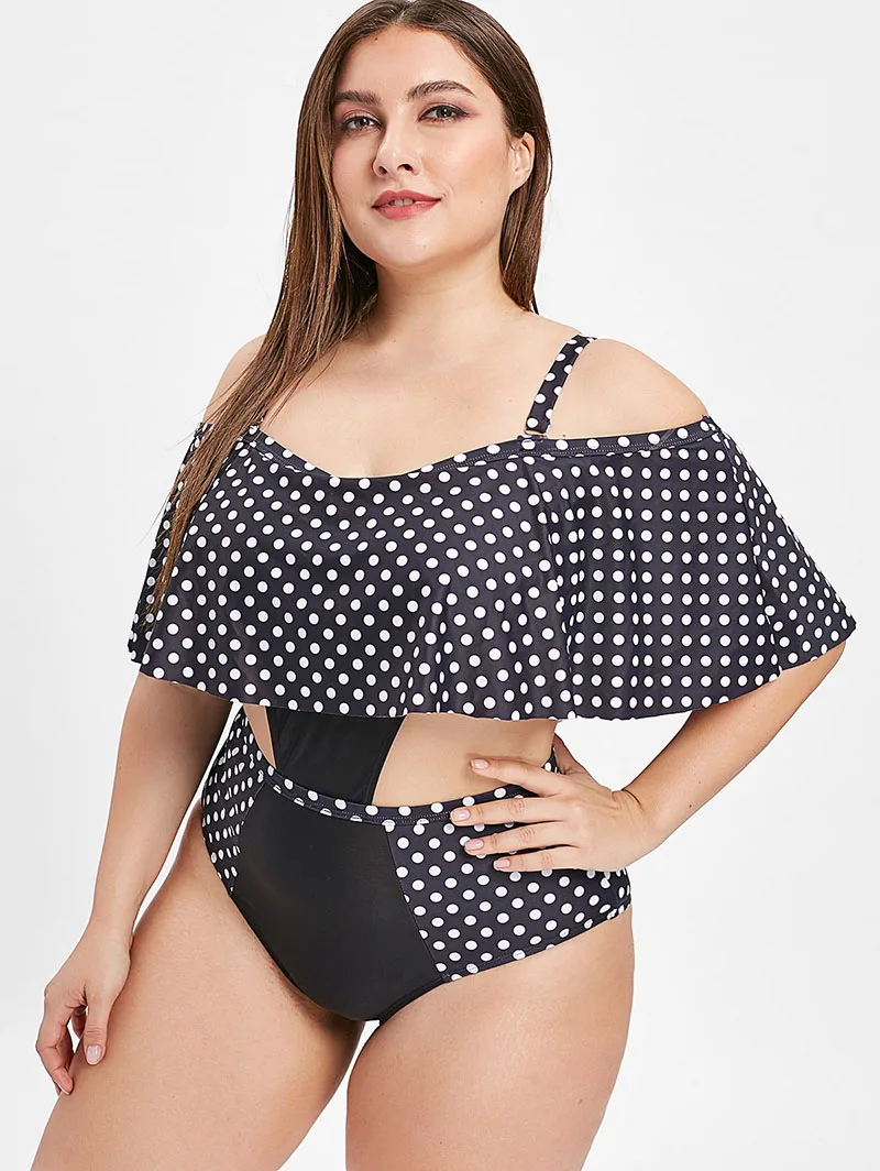 Плюс Размеры 4XL горошек Off Shoulder Ruffle боди XXXXL XXXL Для женщин большой Одна деталь