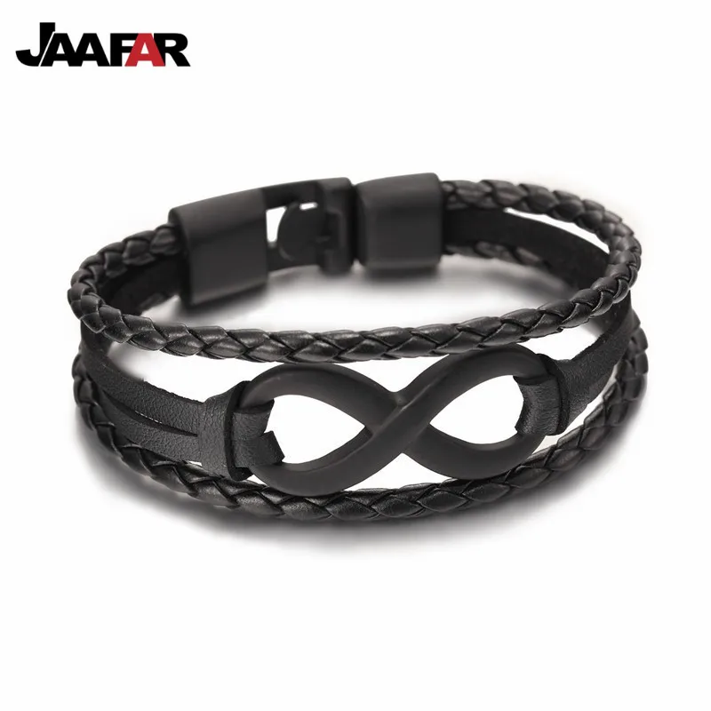 wholesale New Fashion Black plated Infinity Bracelet Genuine Leather Hand Chain Alloy Buckle friendship bracelet men | Украшения и