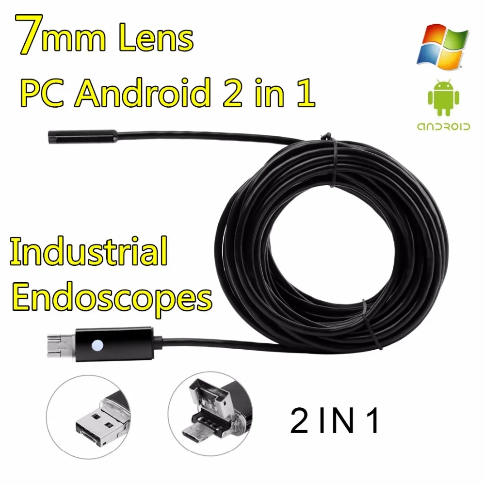 Змея Промышленного Эндоскопа USB 7 мм Android PC 2in1 Водонепроницаемый Бороскоп