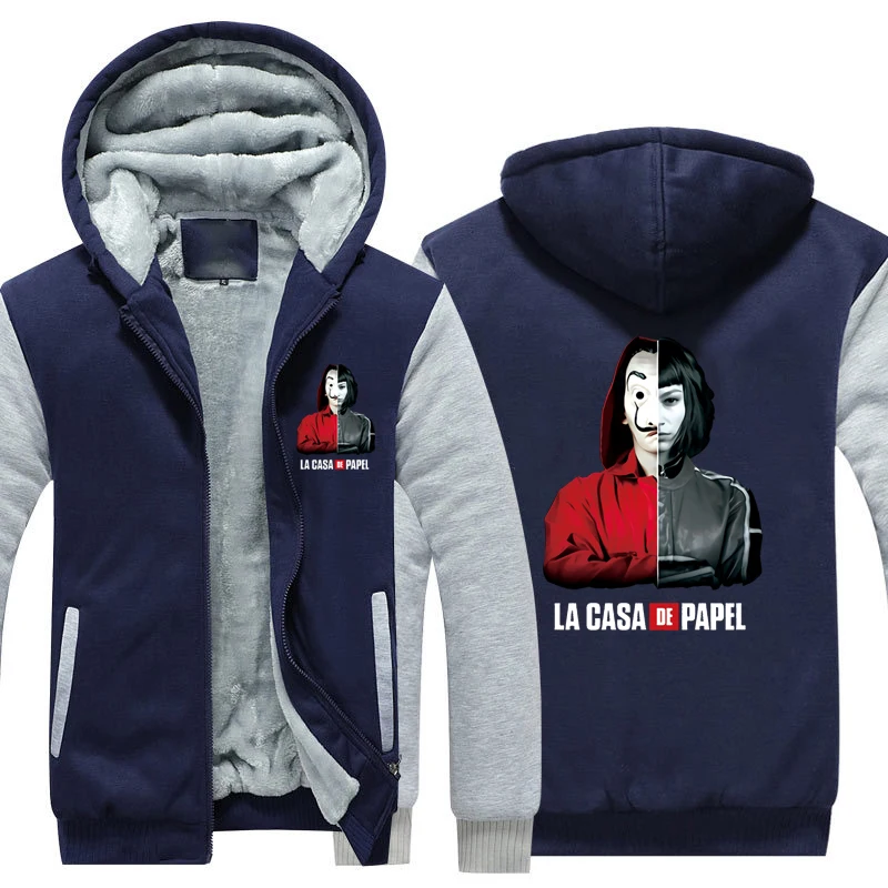 Blue2 La casa de papel Thicken Hoodie Coat Money Heist Warm Hoodie Dali Mask La casa de papel Fleece Winter Hoodie - Цвет: Blue2
