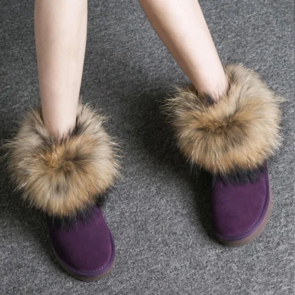 Dark Purple Shoes Женские ботинки из натуральной кожи с натуральным лисьим мехом; брендовая зимняя обувь; Теплые повседневные черные женские зимние ботинки с круглым носком размера плюс - Цвет: Dark Purple Shoes