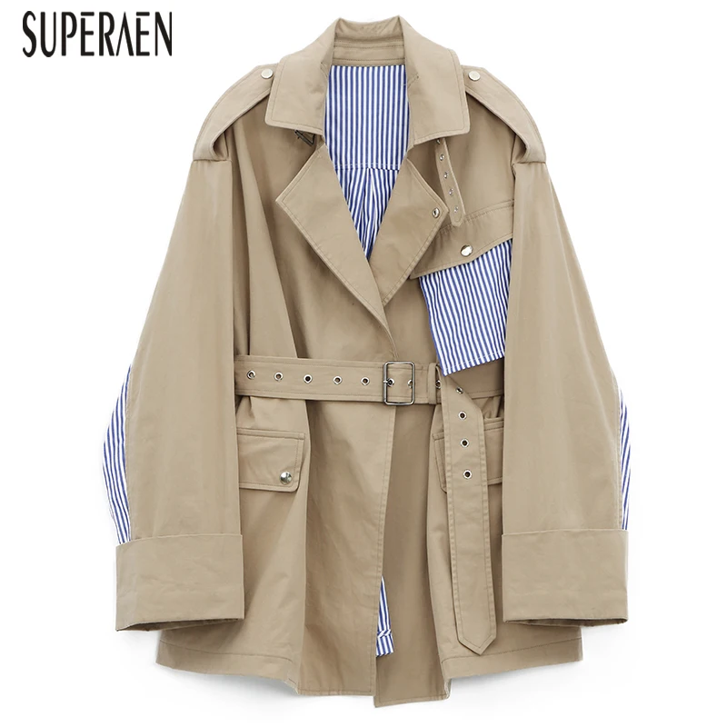 

SuperAen ветровка Женская Новинка 2018 Полосатое сшитое повседневное хлопковое пальто для женщин Свободные модные дикие осенние пальто для женщ...