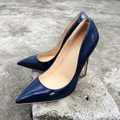 8cm Heels Veowalk/женские туфли с острым носком на высоком каблуке в итальянском стиле; блестящие туфли на шпильке из лакированной кожи; Женские однотонные туфли-лодочки; цвет темно-синий - Цвет: 8cm Heels