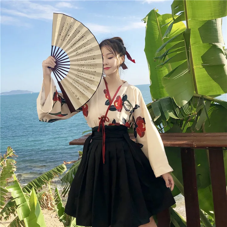 Hanfu/женская летняя юбка в китайском стиле, винтажная блузка с длинным рукавом и принтом и длинная юбка на шнуровке, комплект из двух предметов