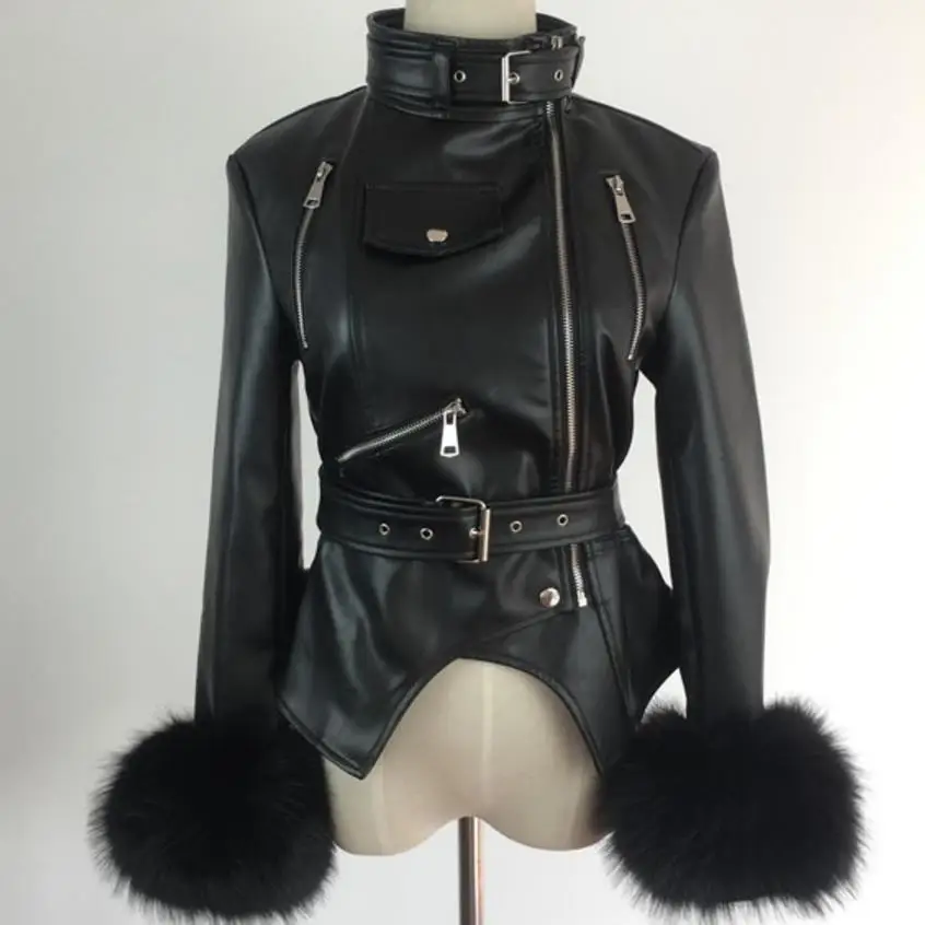new fur outwear women's PU leather jacket casual warm zipper jacket