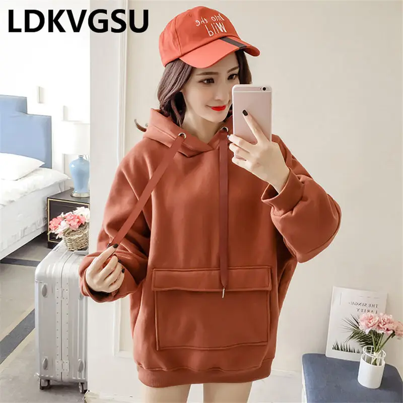 

2018 Autumn Winter New Thicken Plus Velvet Hooded Sweatshirts Female Solid Color Loose Large Size Pocket Hoodies 7Colors Is1343