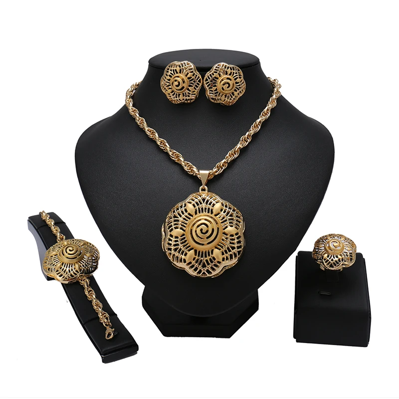Свадебные украшения комплект африканские золотого цвета Цветы jewel кулон Цепочки