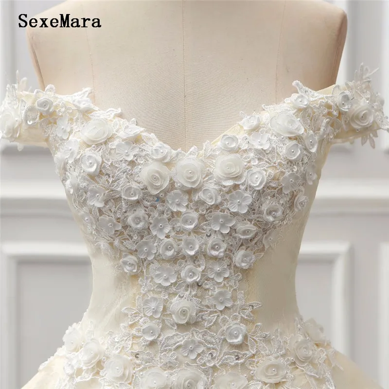 Бальное платье бежевые Свадебные платья Кружева 3D Цветы пышные из тюли со