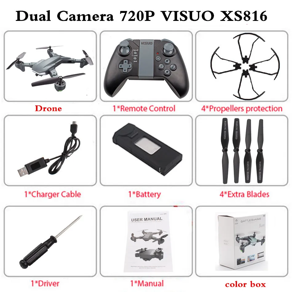720P 1B Color Box VISUO XS816 Радиоуправляемый Дрон с 720 P/4 K двойной камерой Дрон оптический поток Квадрокоптер с камерой жестом Квадрокоптер для селфи, Дрон - Цвет: 720P 1B Color Box