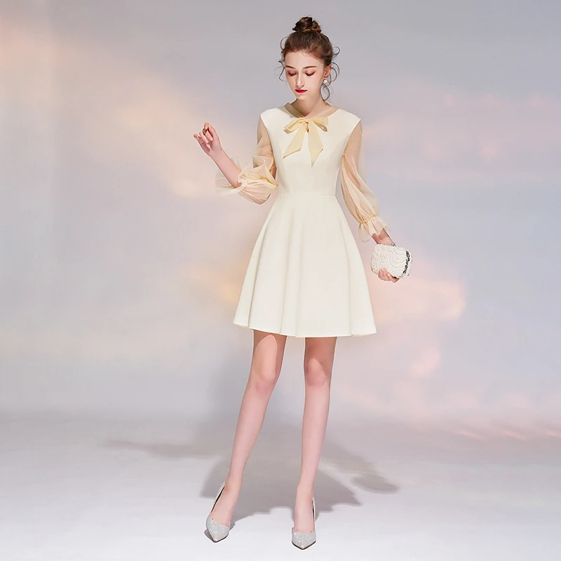 SSYfashion лук 3/4 рукава молния сзади длиной выше колена Мини Шампанское Элегантные
