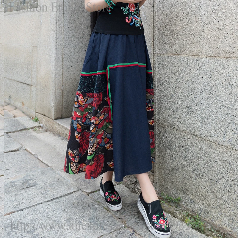 Длинная юбка в стиле ретро с принтом бохо высокая талия большой подол женские
