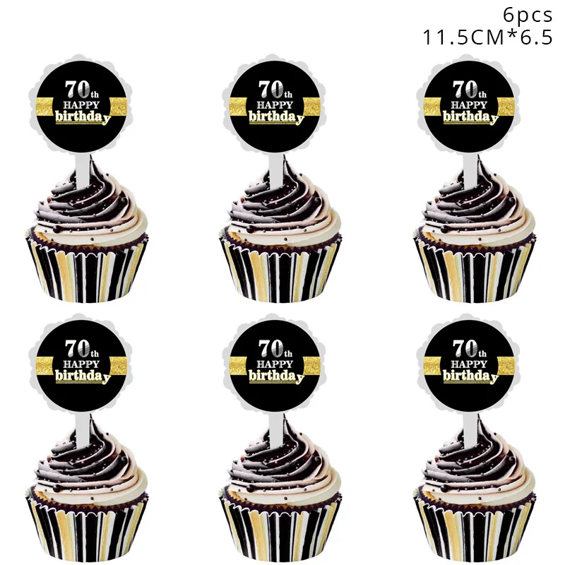 70th cake toppers Взрослые 30/40/50/60/70th Торт Топперы День Рождения украшения для взрослых юбилей черный золотой посуда бумажные тарелки принадлежности для чашек - Цвет: 70th cake toppers