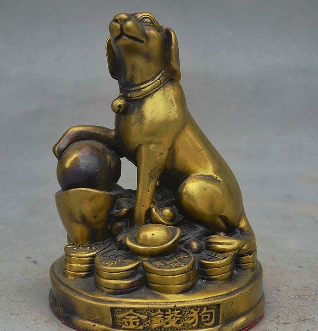 WBY China FengShui Bronze Copper Zodiac Year Dog Wealth Coin YuanBao Animal Statue | Дом и сад