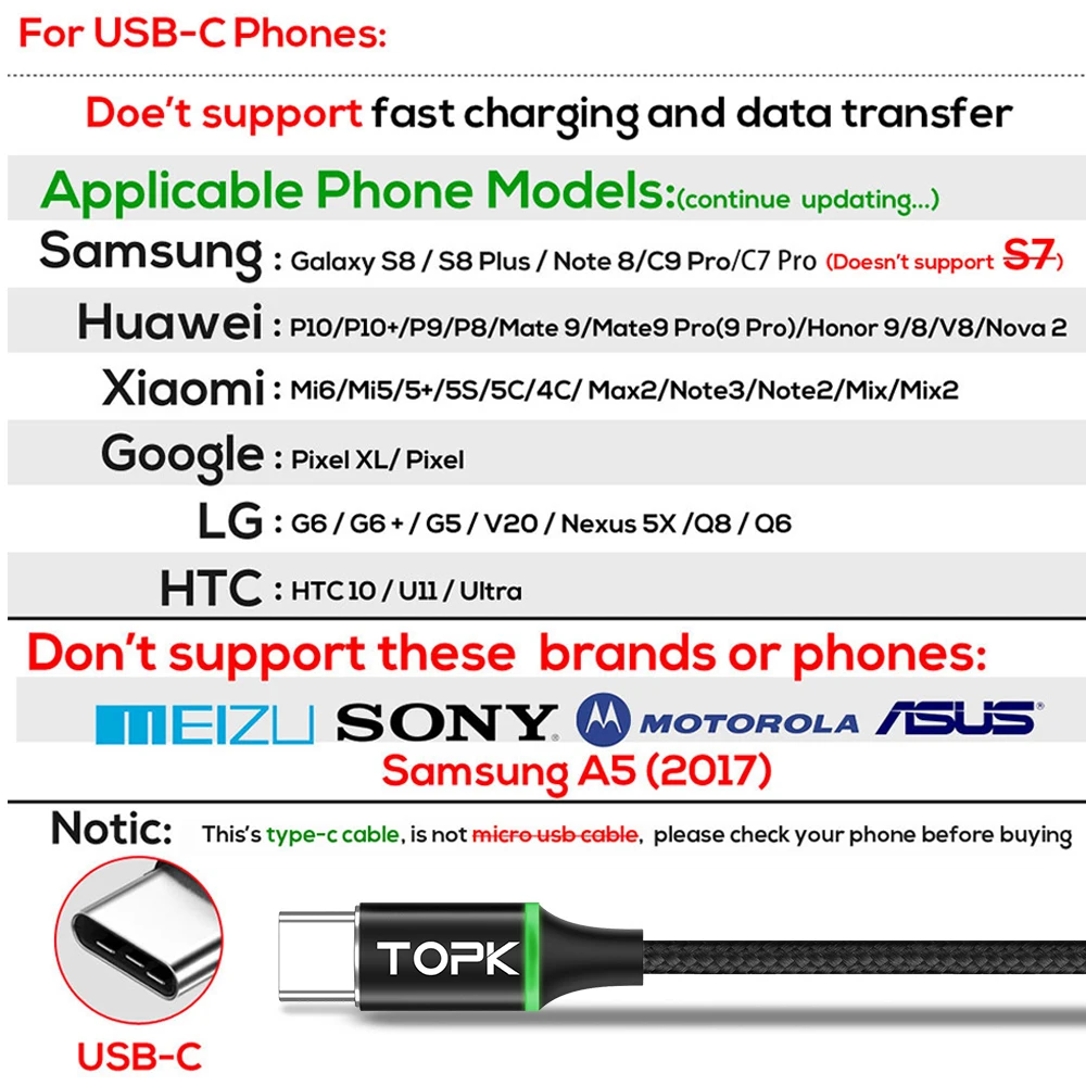 TOPK F Mini3 светодиодный магнитный кабель usb type C и Micro USB для samsung huawei Xiaomi LG OnePlus