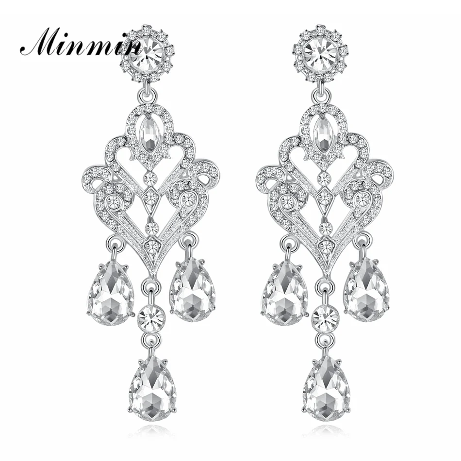 Silver Minmin, роскошные серьги-люстры золотистого цвета с кристаллами, длинные висячие серьги для женщин, модные ювелирные изделия для свадьбы, выпускного вечера, серьги-капли MEH1152 - Окраска металла: Silver