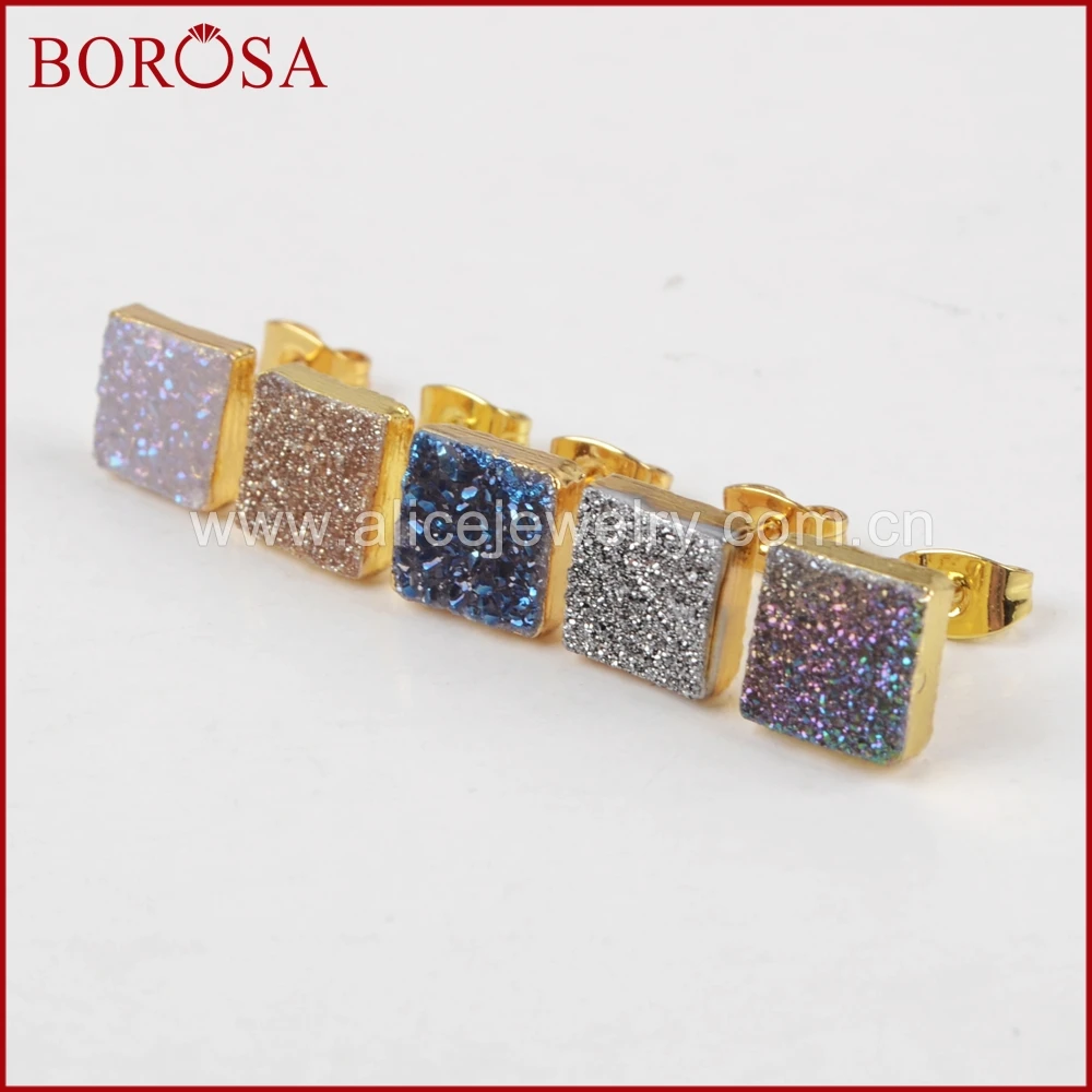 BOROSA 5 пар Druzy серьги, 8 мм квадратный натуральный золотой цвет горный хрусталь кристалл Титан Радуга запонка с друзами серьги для Для женщин G1279