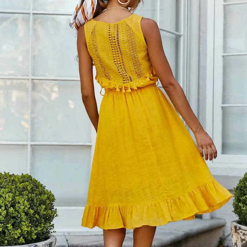 

ZOGAA Women Summer Boho Hollow Out Dress 2019 New Sleeveless Lace Up Tassel Bows Bandage Party White Beach Vestidos De Festa