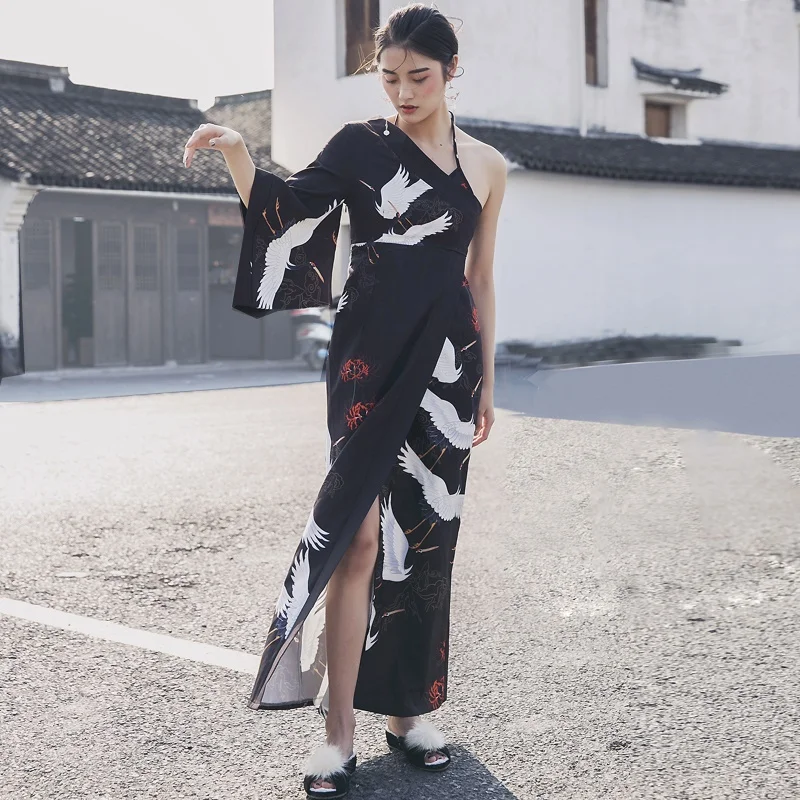 Костюм Гейши Obi Yukata женские асимметричные платья кимоно с красной короной журавль халат Винтаж Femme сексуальные японские платья TA1456