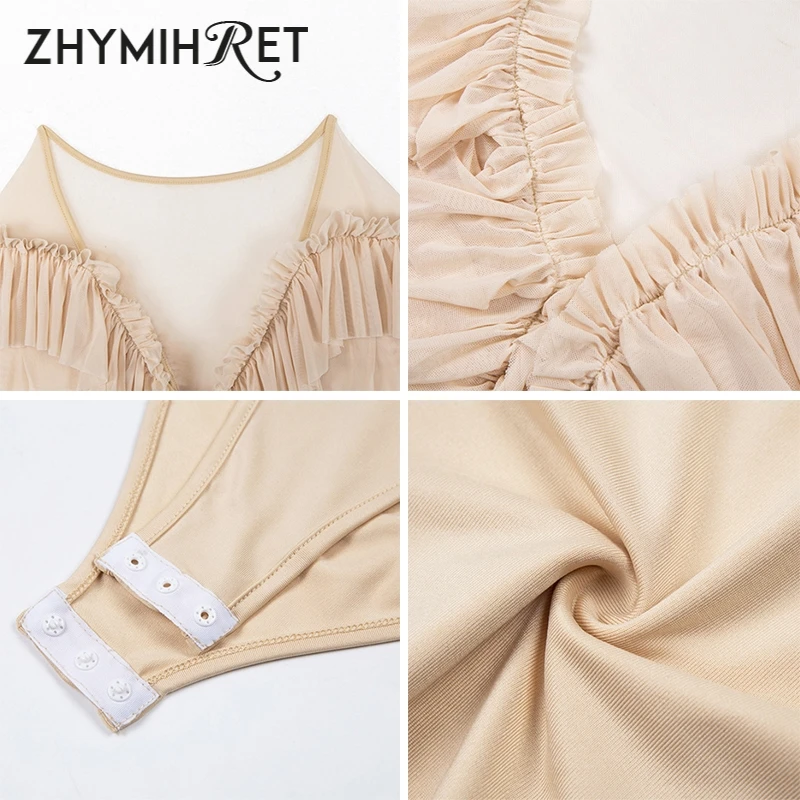 Женское прозрачное боди ZHYMIHRE Сетчатое с v образным вырезом и оборками элегантный