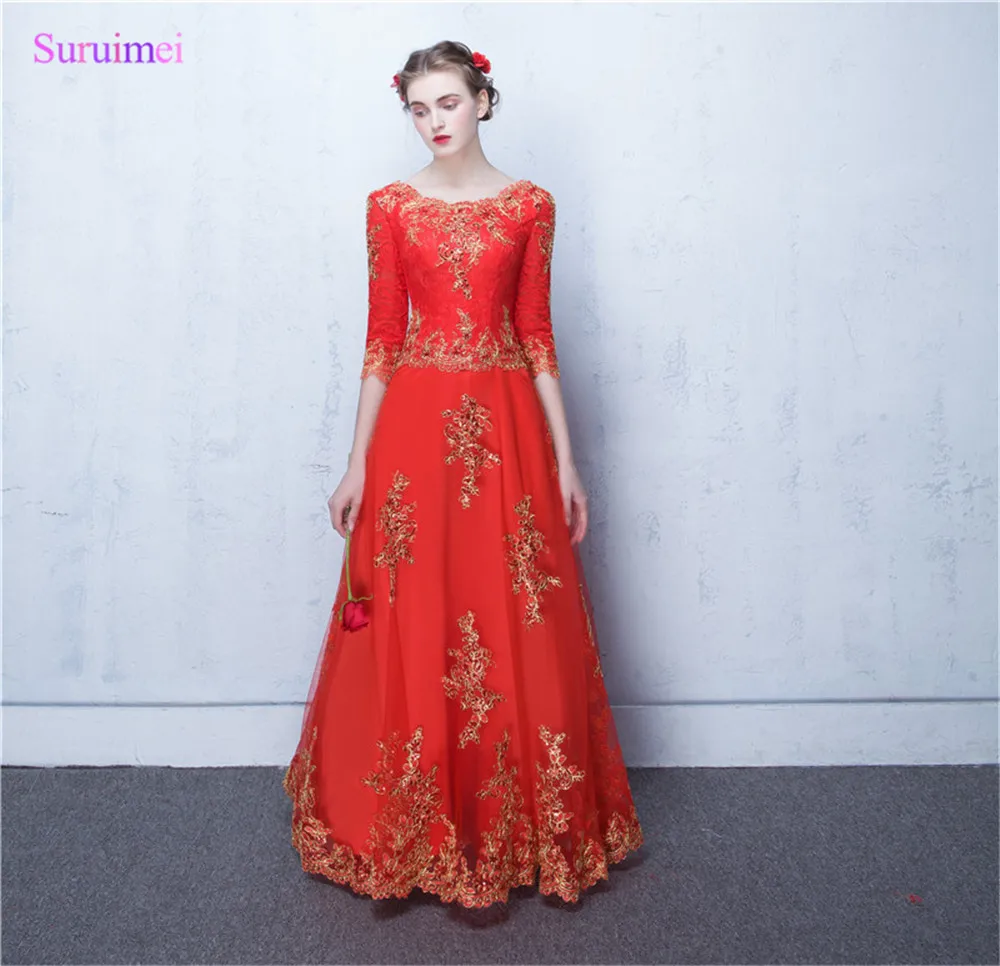 Винтаж красный Вечерние платья с половиной рукава Высокое качество Тюль Кружево