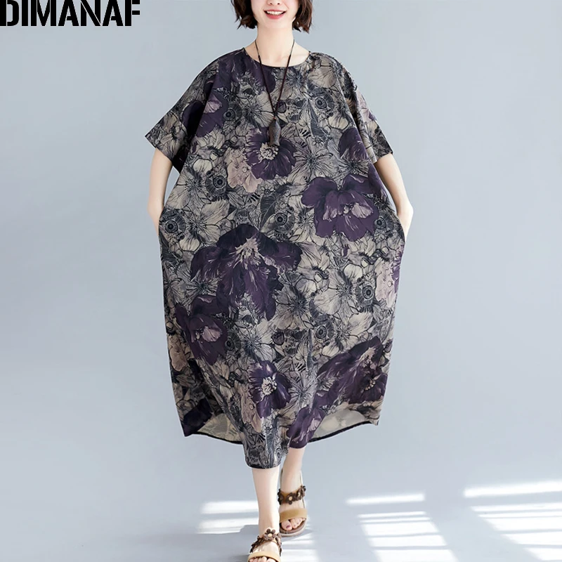 DIMANAF Oversize Women Dress Big Size Elegant Vintage Female Vestidos Print Floral Summer Sundress Loose Long Lady 2019 | Женская одежда