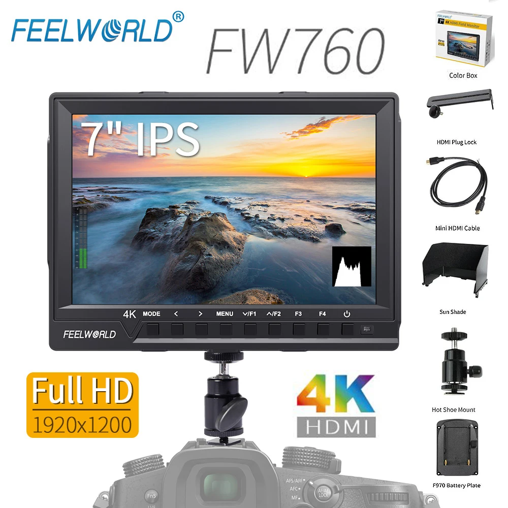 

Feelworld FW760 7 Inch IPS 4K HDMI Camera Monitor for DSLR Video Full HD 1920x1200 with Embedded Audio Peaking Focus Histogram