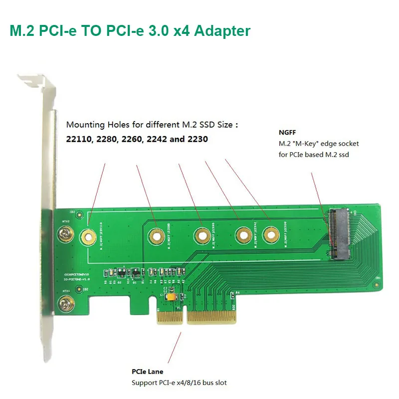 Фото Адаптер PCI Express для 22110 2280 2260 2242 2230 ssd M.2 ngff M ключ NVMe к PCI-e 3 0x4 адаптер dual напряжение