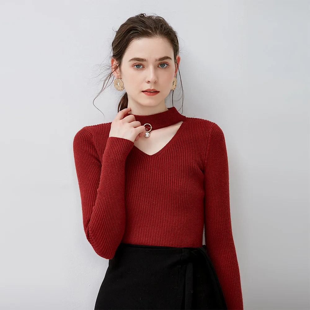 

Sweater Female 2018 Autumn And Winter New Bottoming Shirt V-neck Hanging Neck Slim Pullover Sweater Thick Pullovers
