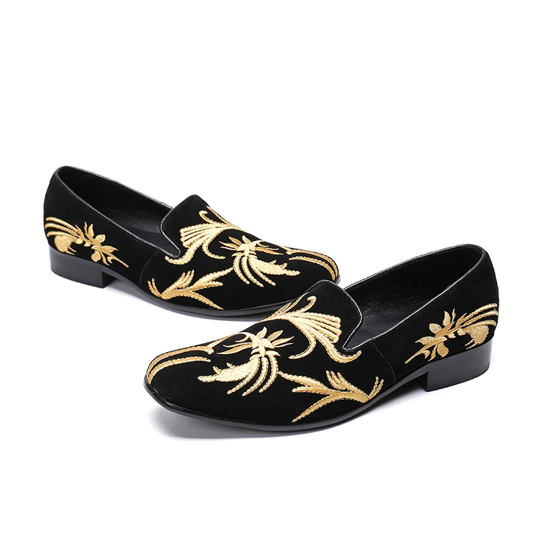 New Comfortable Flock Mens Loafers Luxury Gold Embroidery Casual Flats Breathable Slip-On Low Heels Black Party Shoes Man | Обувь