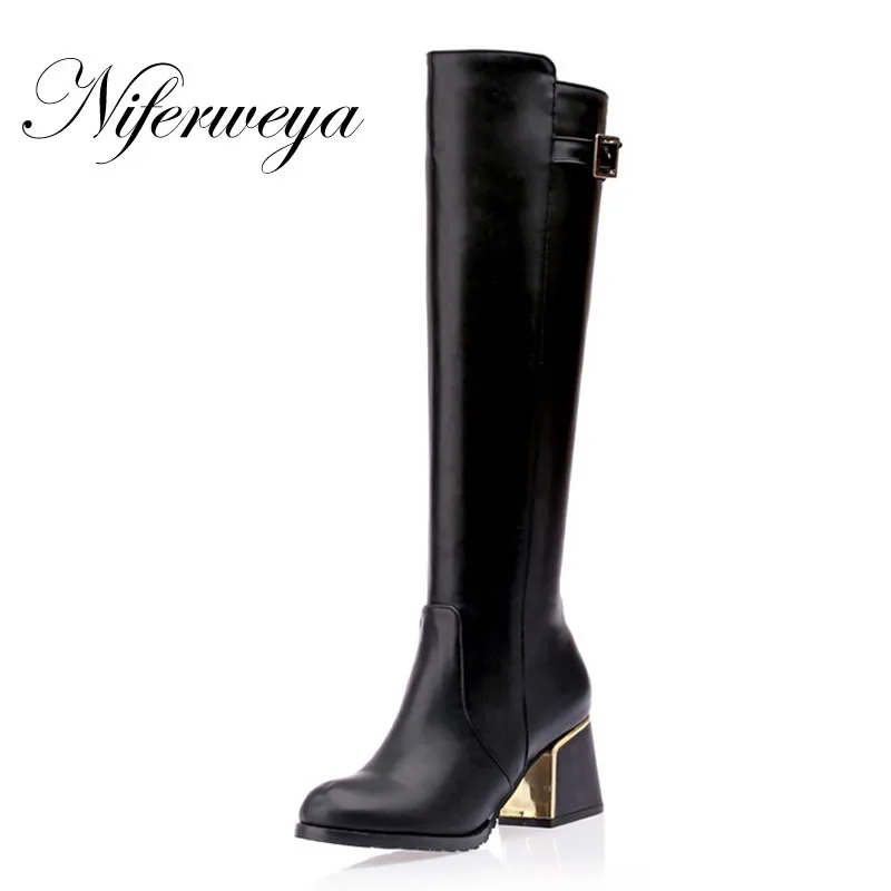 2016 Fashion winter women shoes big size 30-50 round toe buckle decoration high heels Knee-High boots small 30 31 32 33 HQW-A18 | Обувь