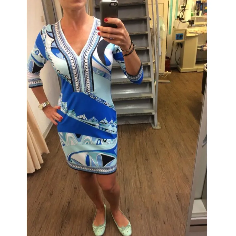 Модное синее эластичное платье с v образным вырезом рукавом три четверти