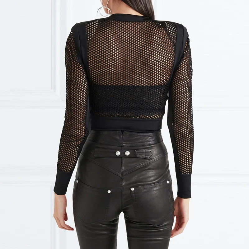 Beateen 2018 New Hollow Out Sexy O Neck Full Sleeve Romper Fashion Solid Zipper Mesh Fishing Net Bodycon Women Bandage Bodysuits | Женская