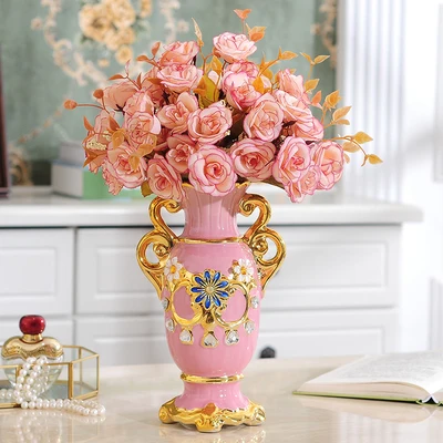 D With flowers Роскошная Европейская позолоченная керамическая ваза для домашнего декора Креативный дизайн фарфоровая декоративная ваза для цветов для свадебного украшения - Цвет: D With flowers
