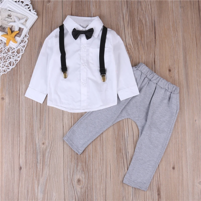 Little Gentleman Costume Newborn Baby Boy Clothes White T-shirt Tops + Overalls Suspender Trouser 2PCS Outfit Spring Autumn Suit |